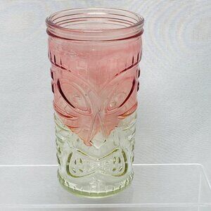 Tiki Mask Totem Hawaiian Highball Cocktail Drinking Glass Tumbler Pink Clear
